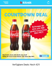 Schnell sein: kkiosk 1 von 500 gratis Coca Cola 50cl ergattern