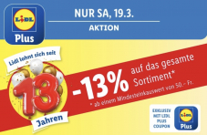 Lidl: 13% Rabatt auf das ganze Sortiment ab einem Einkauf von 50 Franken am 19.3. (morgen)