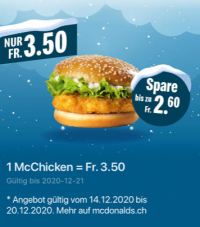 Diese Woche 1 McChicken für CHF 3.50 bei McDonalds (via App)