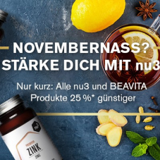 25% auf alles von nu3 und beavita ab Bestellwert CHF 60.- bei nu3, z.B. nu3 Performance Whey für CHF 17.18 statt CHF 22.90