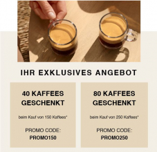 Nespresso Gutscheine 40 KAFFEES GESCHENKT beim Kauf von 150 resp. 80 KAFFEES GESCHENKT beim Kauf von 250 Kaffees (gültig bis 07.04.)