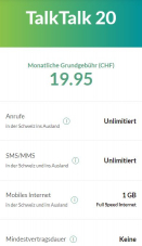Mobileabo TalkTalk 20 für CHF 19.95 – mit Flatrate Schweiz/International für Anrufe / SMS / MMS