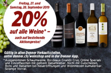 Freitag + Samstag: 20% Rabatt auf alle Weine bei Denner