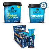 Bodylab: Veganes Bundle mit 1kg Vegan Protein, 500g Creatin, 12x60g Prime Crunchy Vegan Proteinriegel