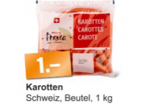Ab Dienstag: 1kg Rüebli, 1kg Bananen oder 1 Bund Bundzwiebeln für 1.- bei der Migros